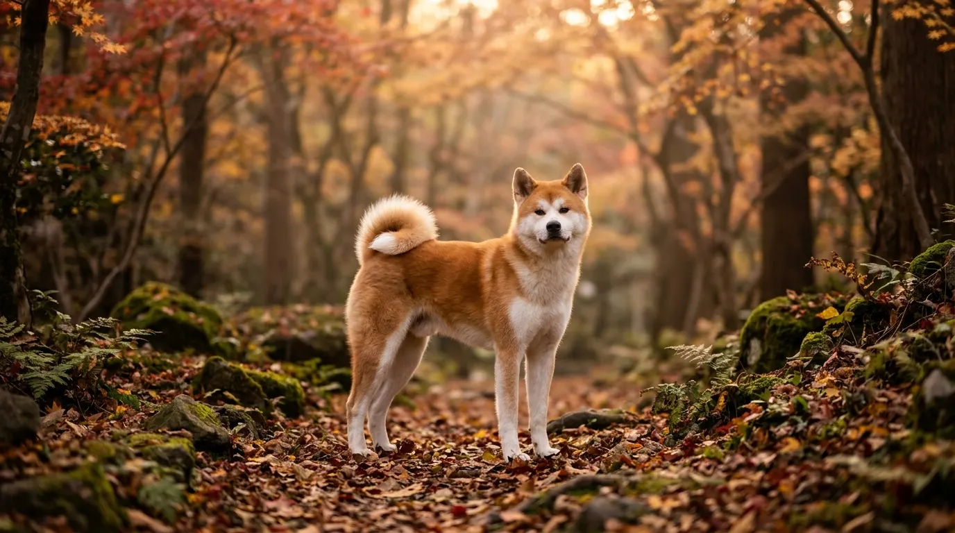 Akita Inu rojo con urajiro blanco de pie en un bosque otoñal