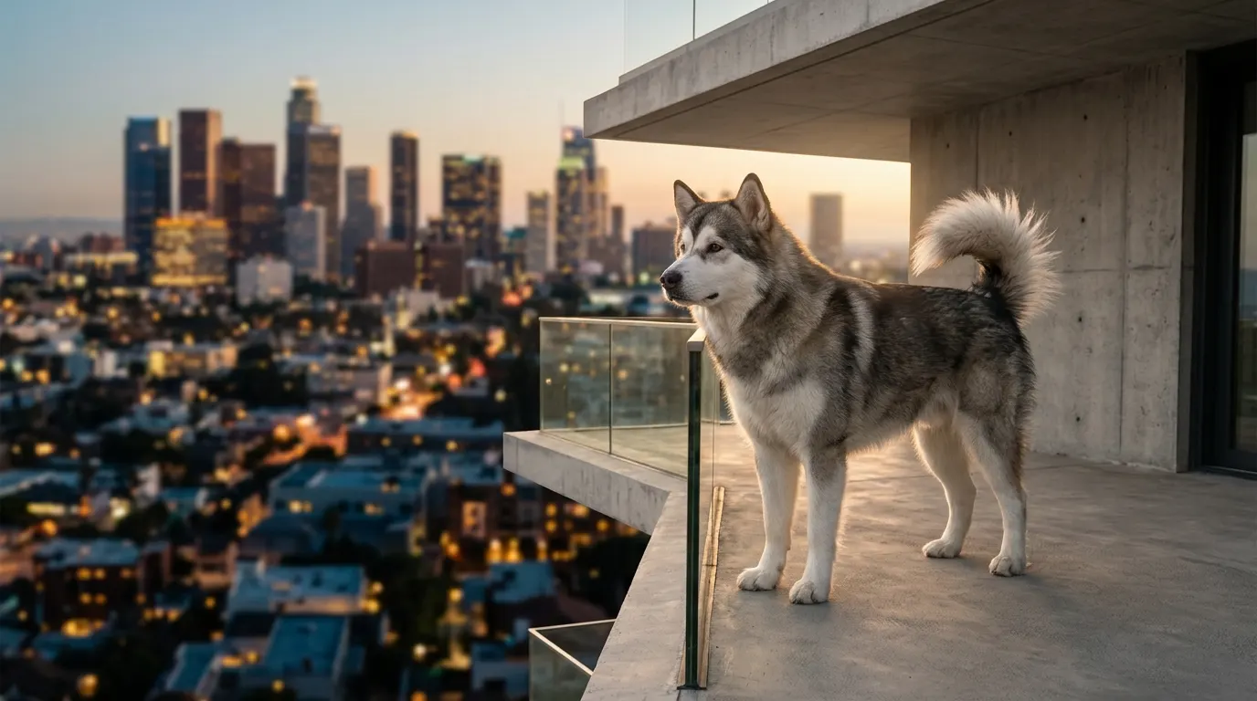 Alaskan Malamute gris y blanco en una terraza con la ciudad al atardecer