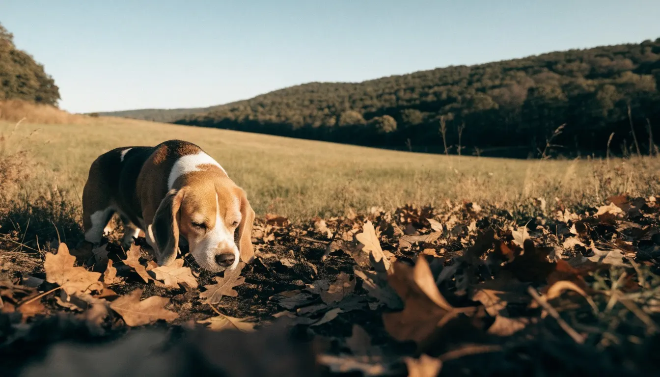 Beagle tricolor olfateando hojas secas en un prado de otoño