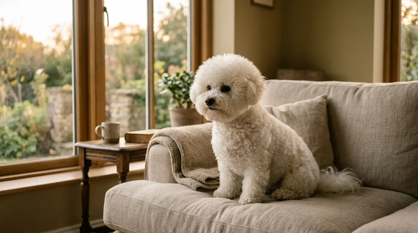Bichón Frisé blanco sentado en un sofá junto a la ventana