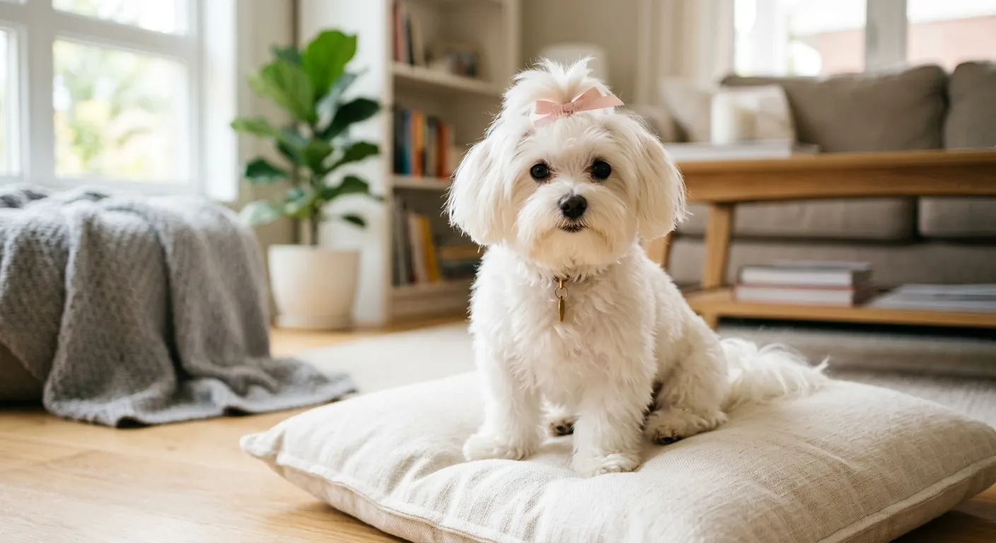 Bichón Maltés blanco con un lazo rosa sentado sobre un cojín en un salón luminoso