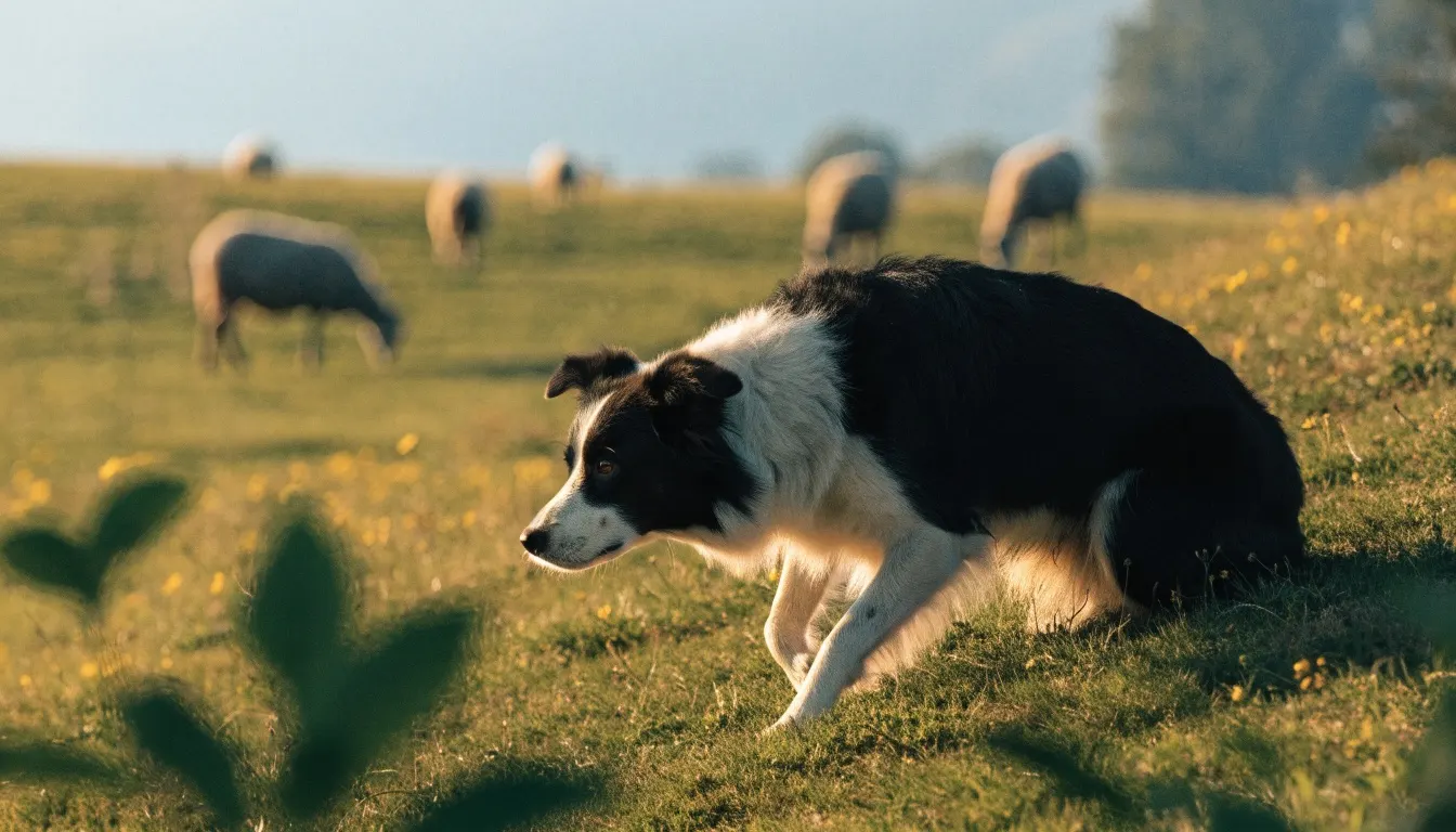 Border Collie blanco y negro agazapado en una ladera con ovejas al fondo