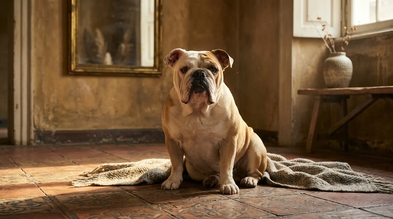 Bulldog Inglés leonado sentado sobre una alfombra en una habitación antigua