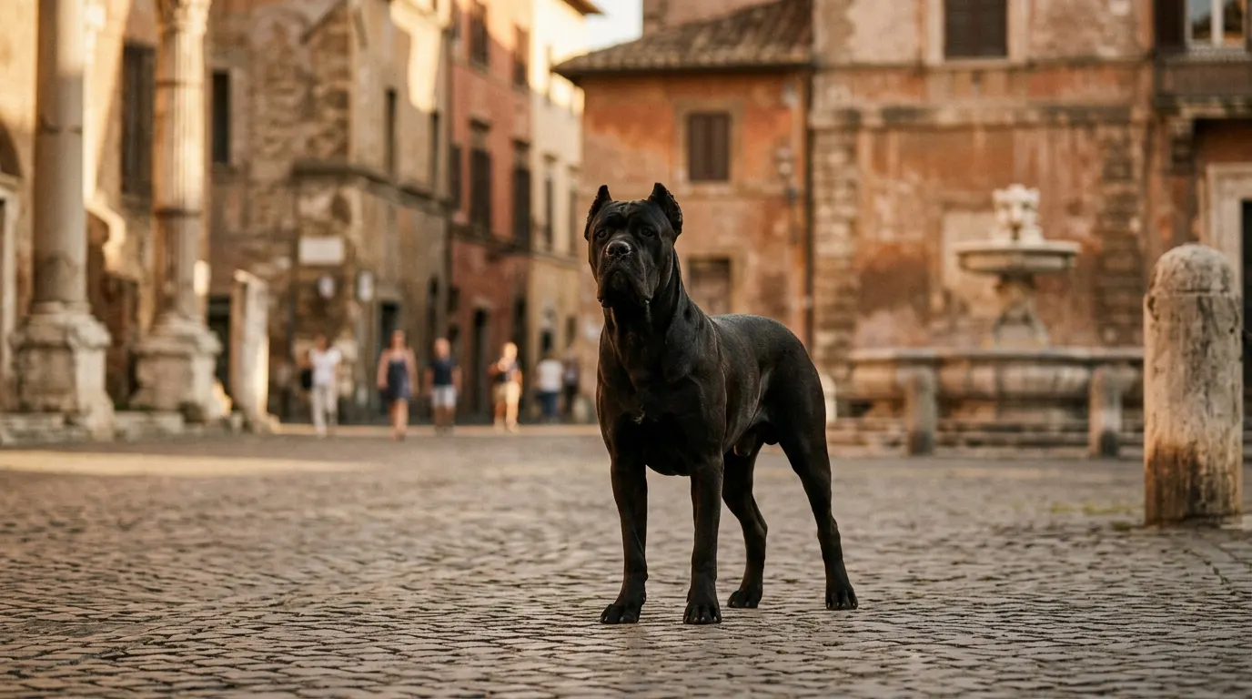 Cane Corso negro de pie en una plaza empedrada de un pueblo italiano