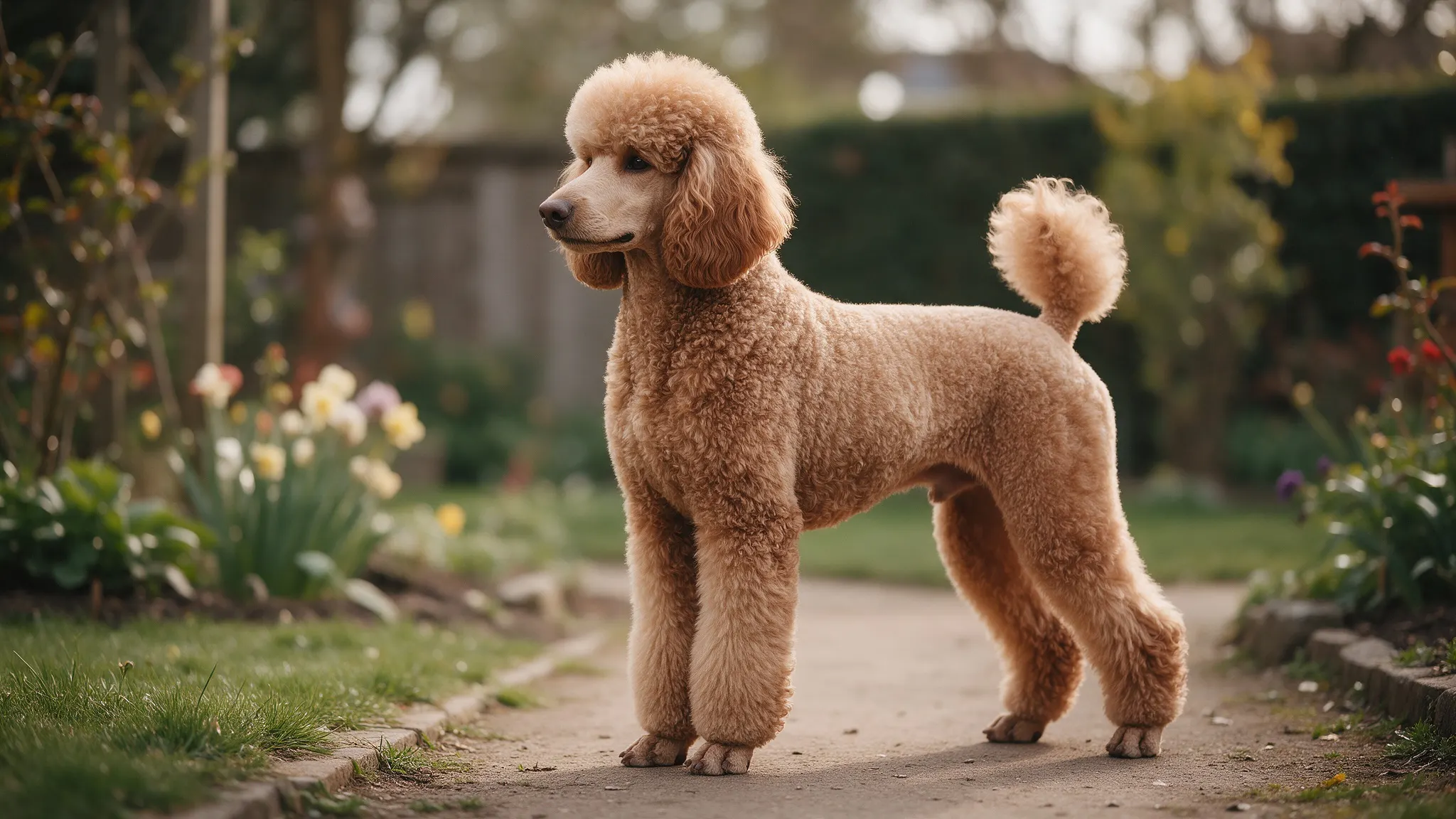 Caniche grande de color albaricoque con pelo rizado de pie en un camino de jardín