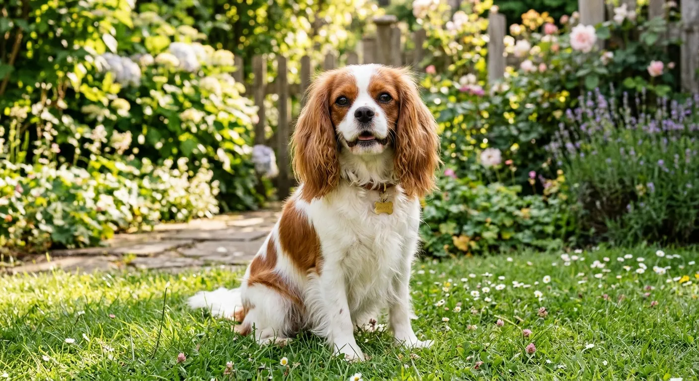 Cavalier King Charles Spaniel blenheim sentado en el césped de un jardín con flores