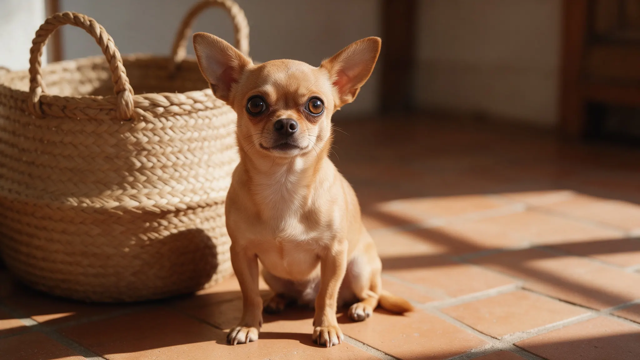 Chihuahua de pelo corto color canela sentado sobre baldosas de barro junto a una cesta