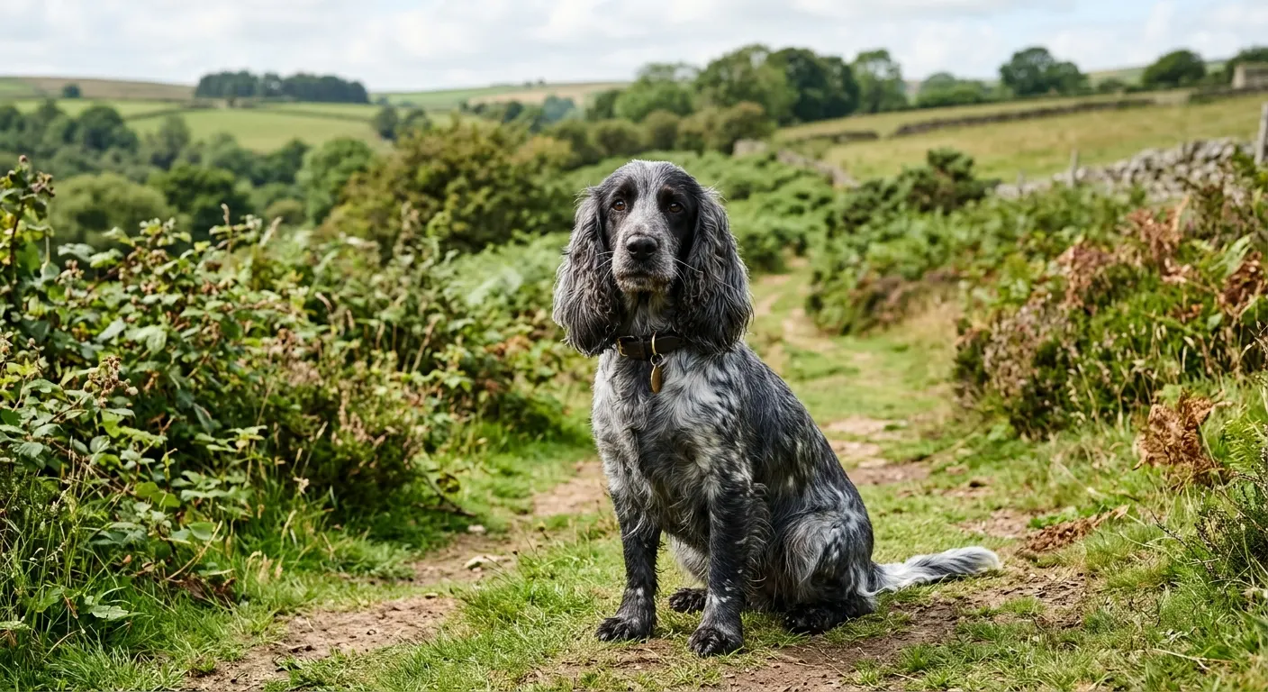 Cocker Spaniel Inglés azul ruano sentado en un sendero de campo