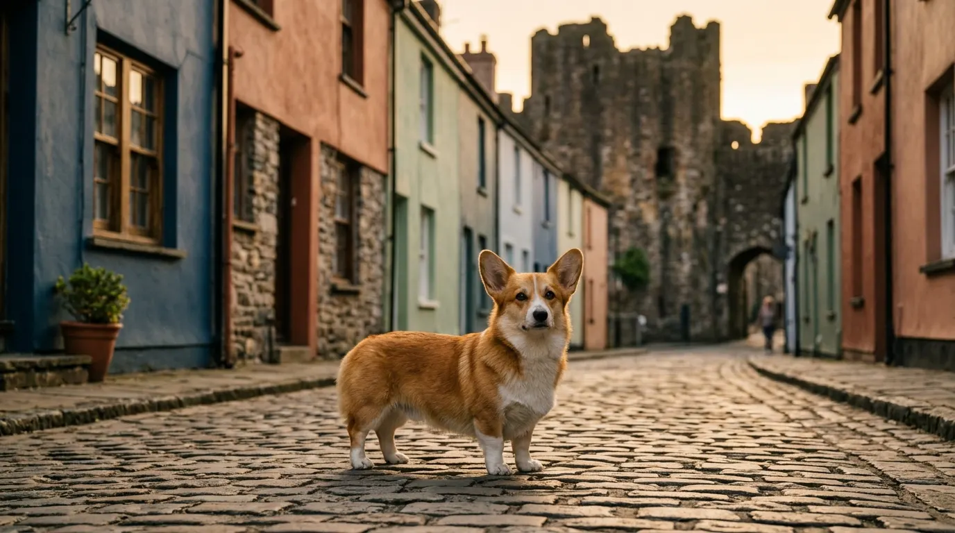 Corgi Galés de Pembroke rojo y blanco en una calle empedrada de un pueblo galés con castillo