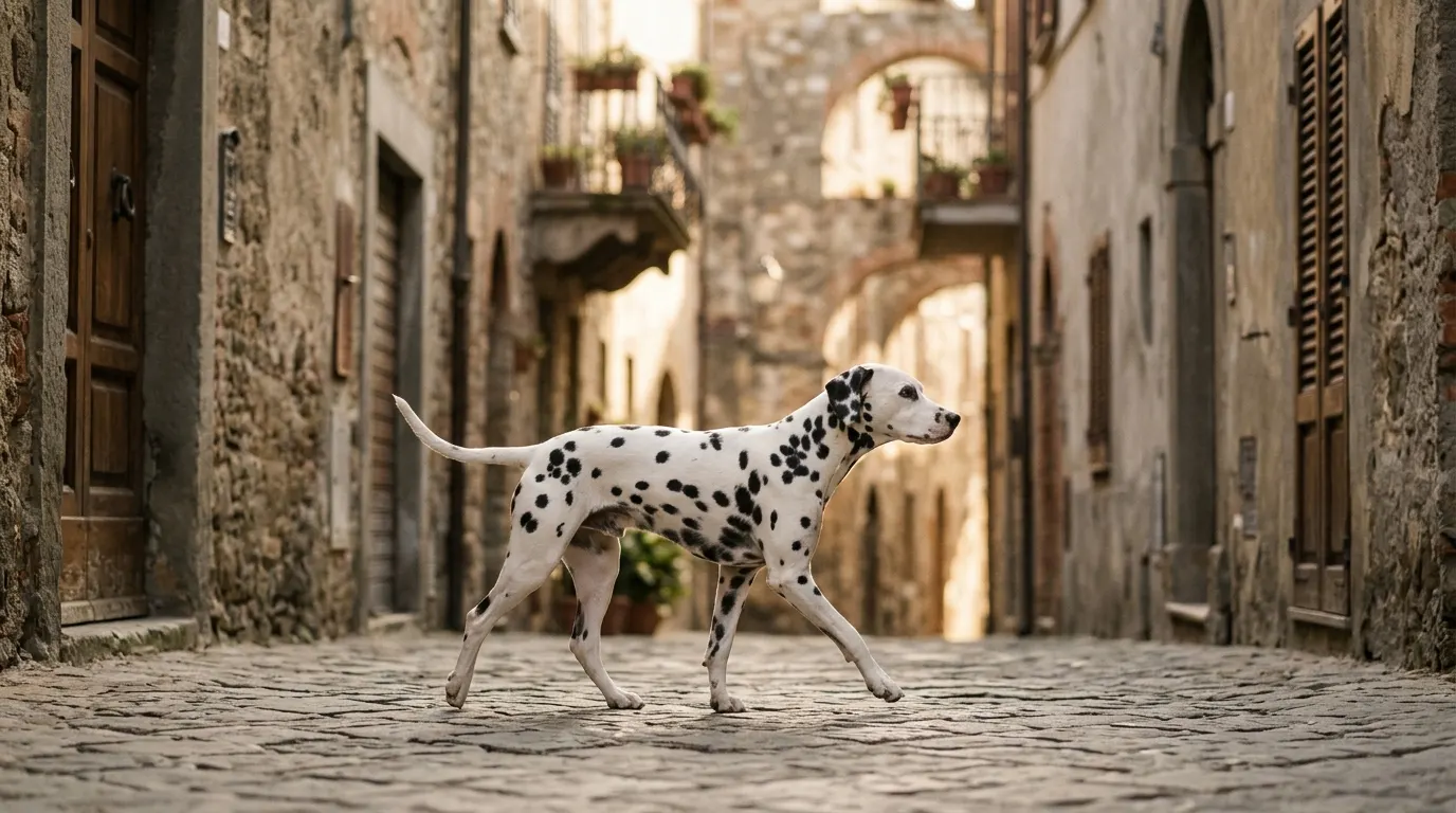 Dálmata blanco con manchas negras caminando por una calle empedrada
