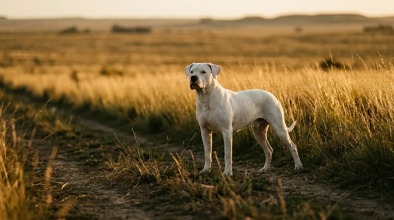 Dogo Argentino blanco de pie en la hierba dorada de la pampa