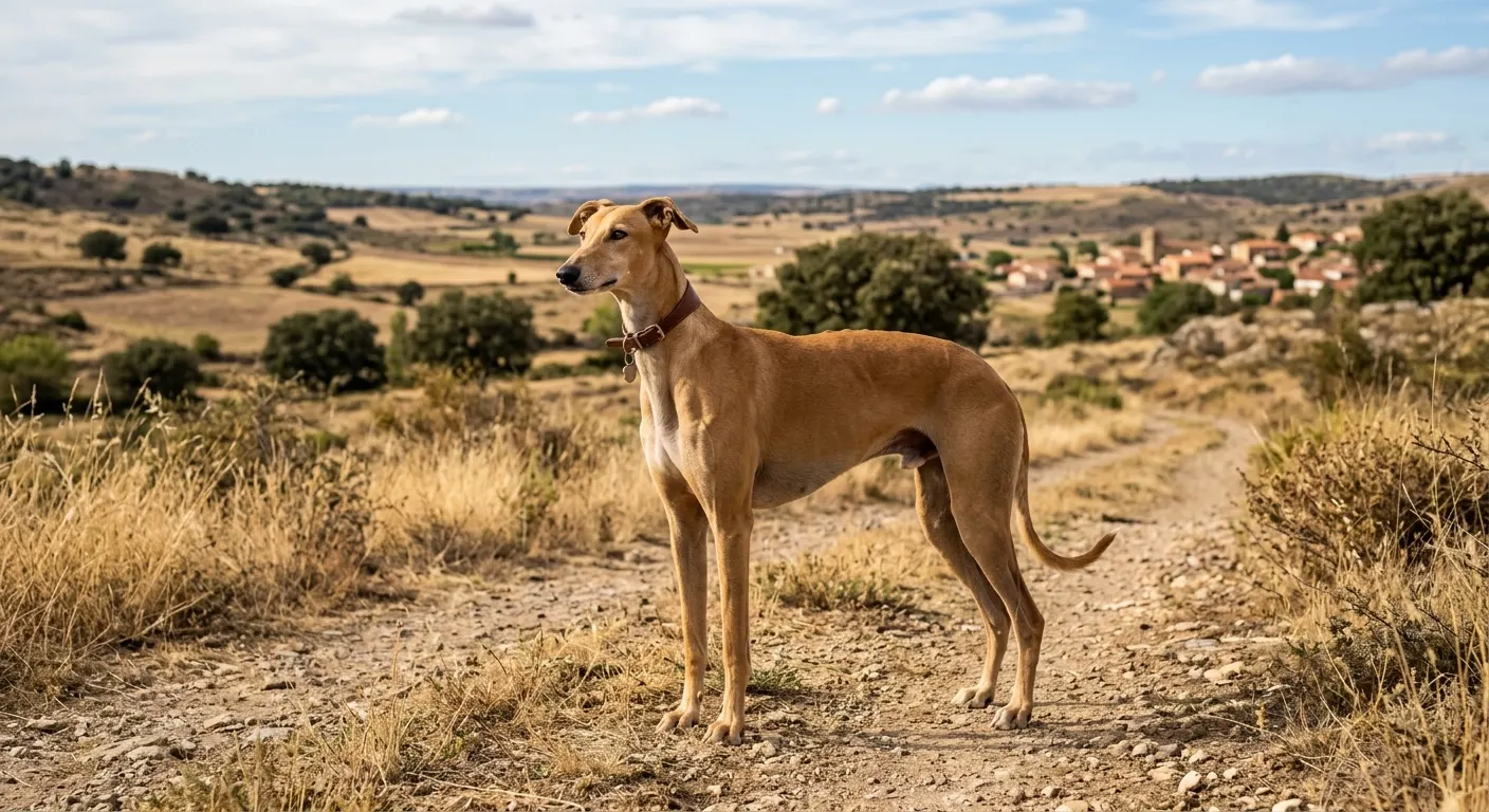 Galgo Español leonado de pie en un camino de tierra con un pueblo castellano al fondo