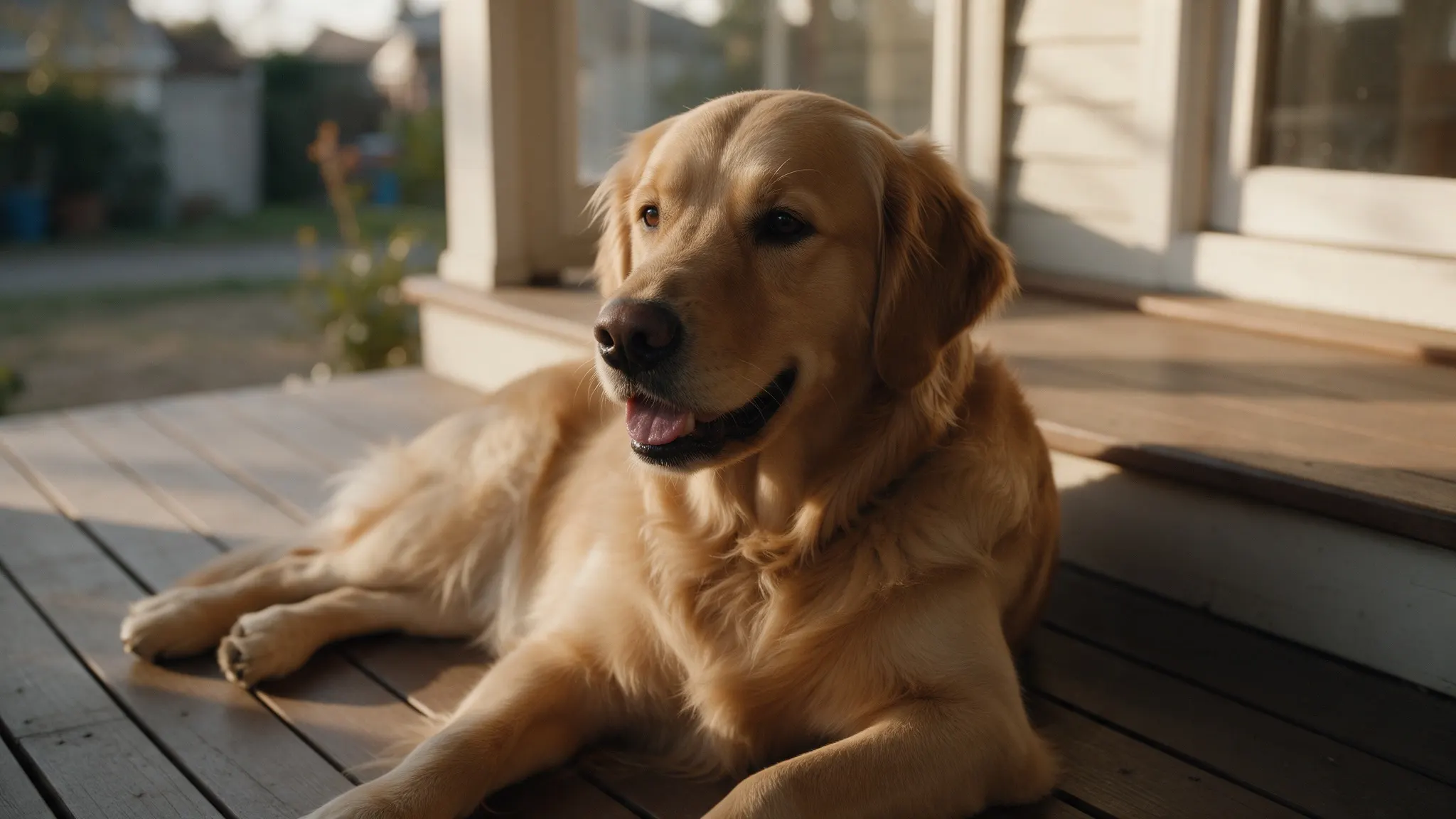Golden Retriever tumbado en un porche de madera con luz de tarde
