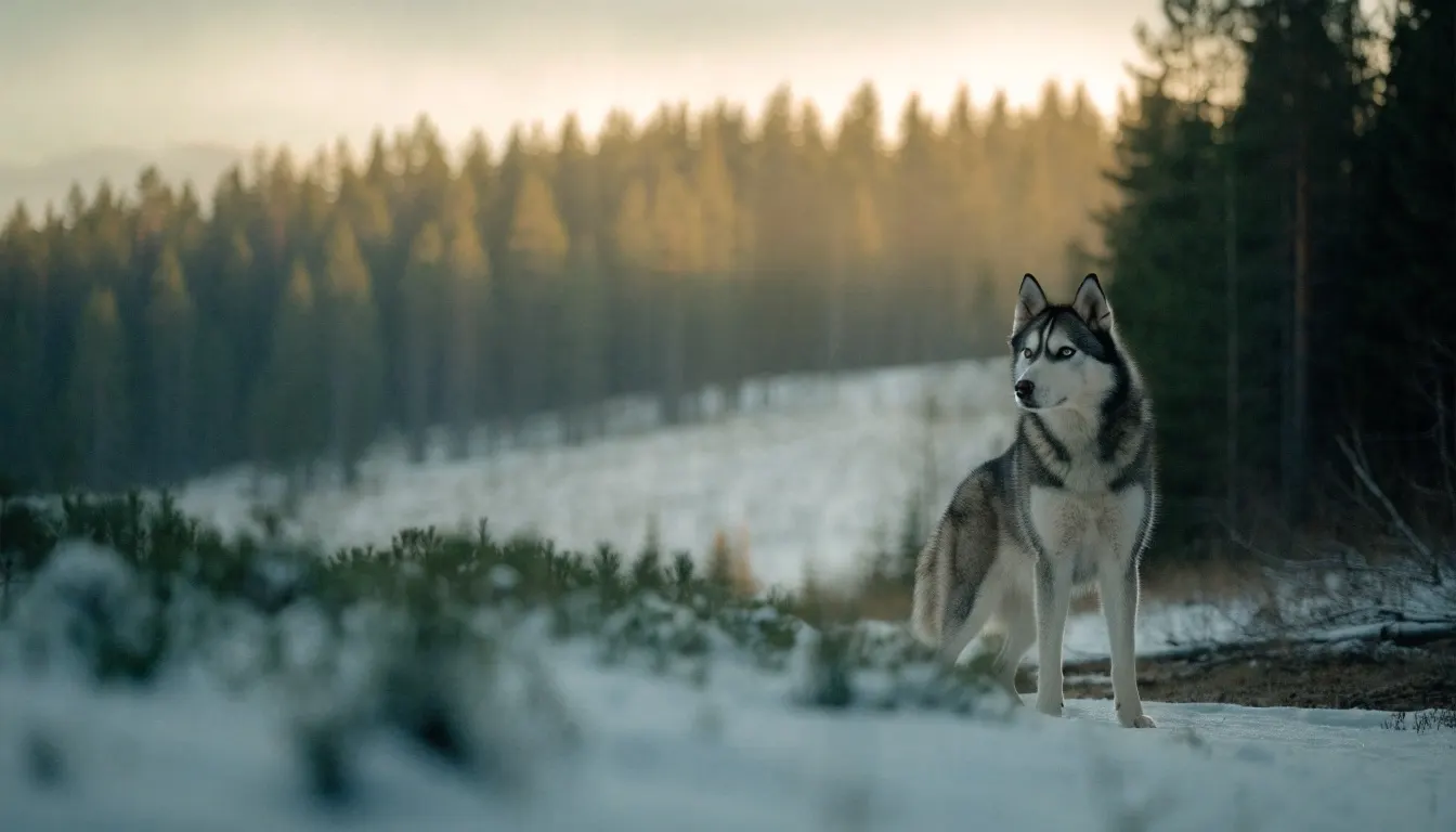 Husky Siberiano gris y blanco en la nieve junto a un bosque de pinos