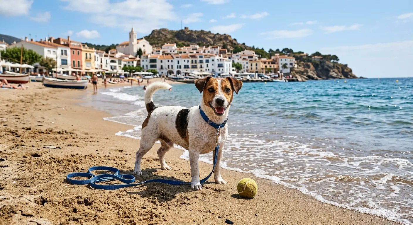 Jack Russell Terrier blanco y fuego en una playa junto a una pelota de tenis
