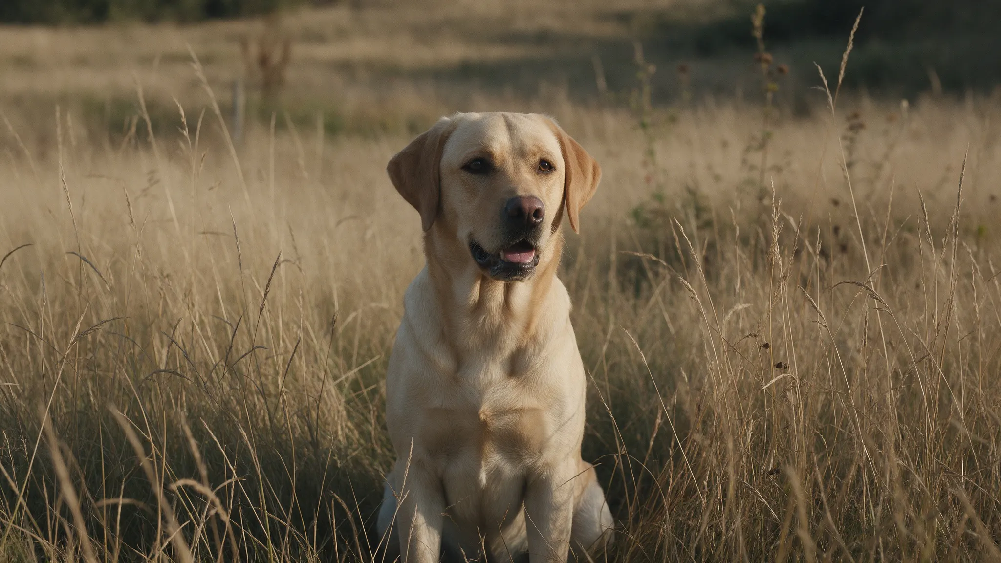 Labrador Retriever amarillo sentado en un prado de hierba alta