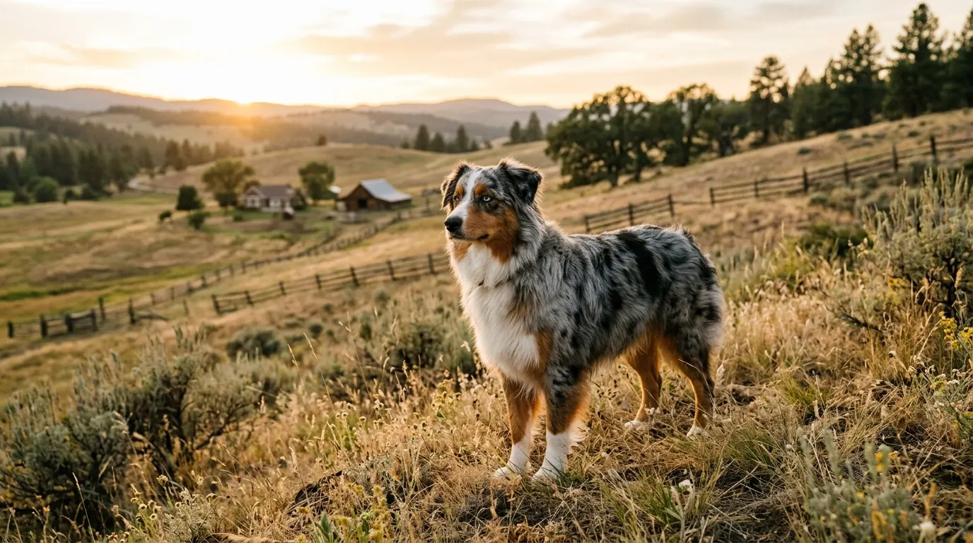 Pastor Australiano azul mirlo en una ladera de rancho al atardecer