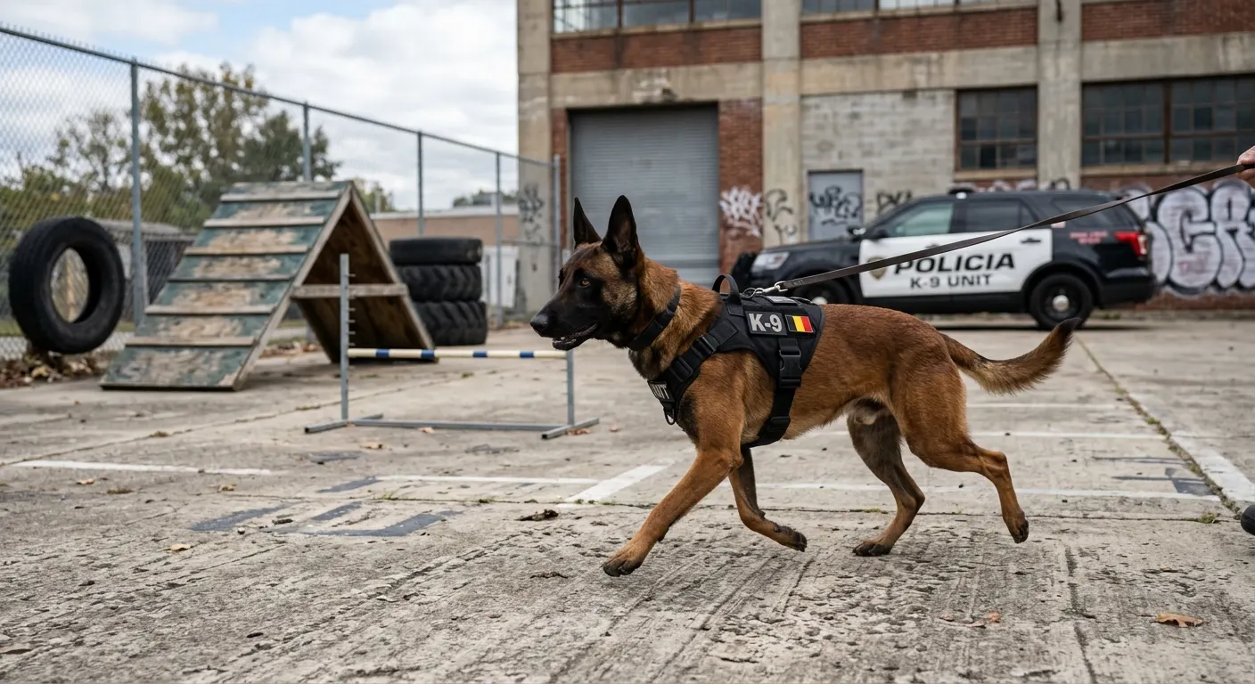 Pastor Belga Malinois con arnés trotando en una zona de entrenamiento