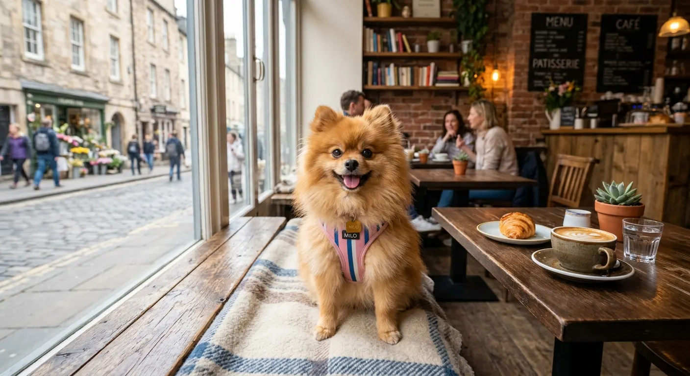 Pomerania naranja sentado en el banco de una cafetería junto a la ventana