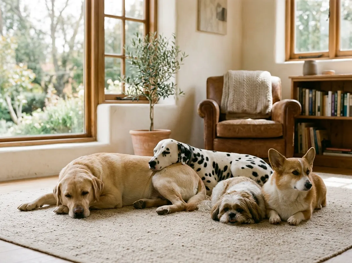 Un Labrador Retriever, un Dálmata, un Shih Tzu y un Corgi Galés de Pembroke descansando juntos sobre una alfombra en un salón luminoso