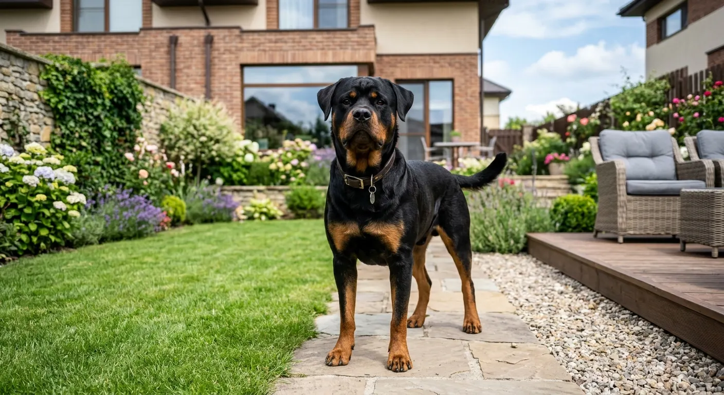 Rottweiler negro y fuego de pie en el jardín de una casa