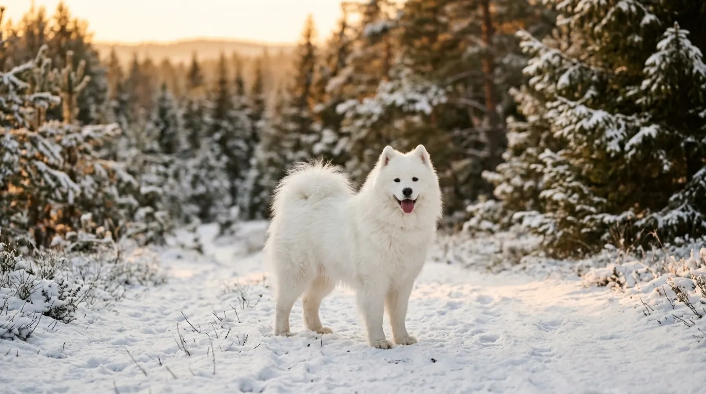 Samoyedo blanco sonriente en un sendero nevado entre pinos