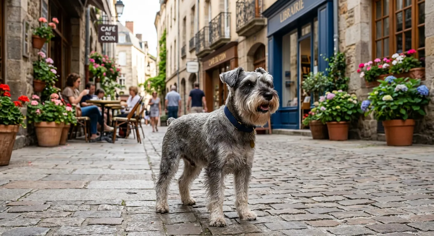 Schnauzer Miniatura sal y pimienta en una calle empedrada con flores