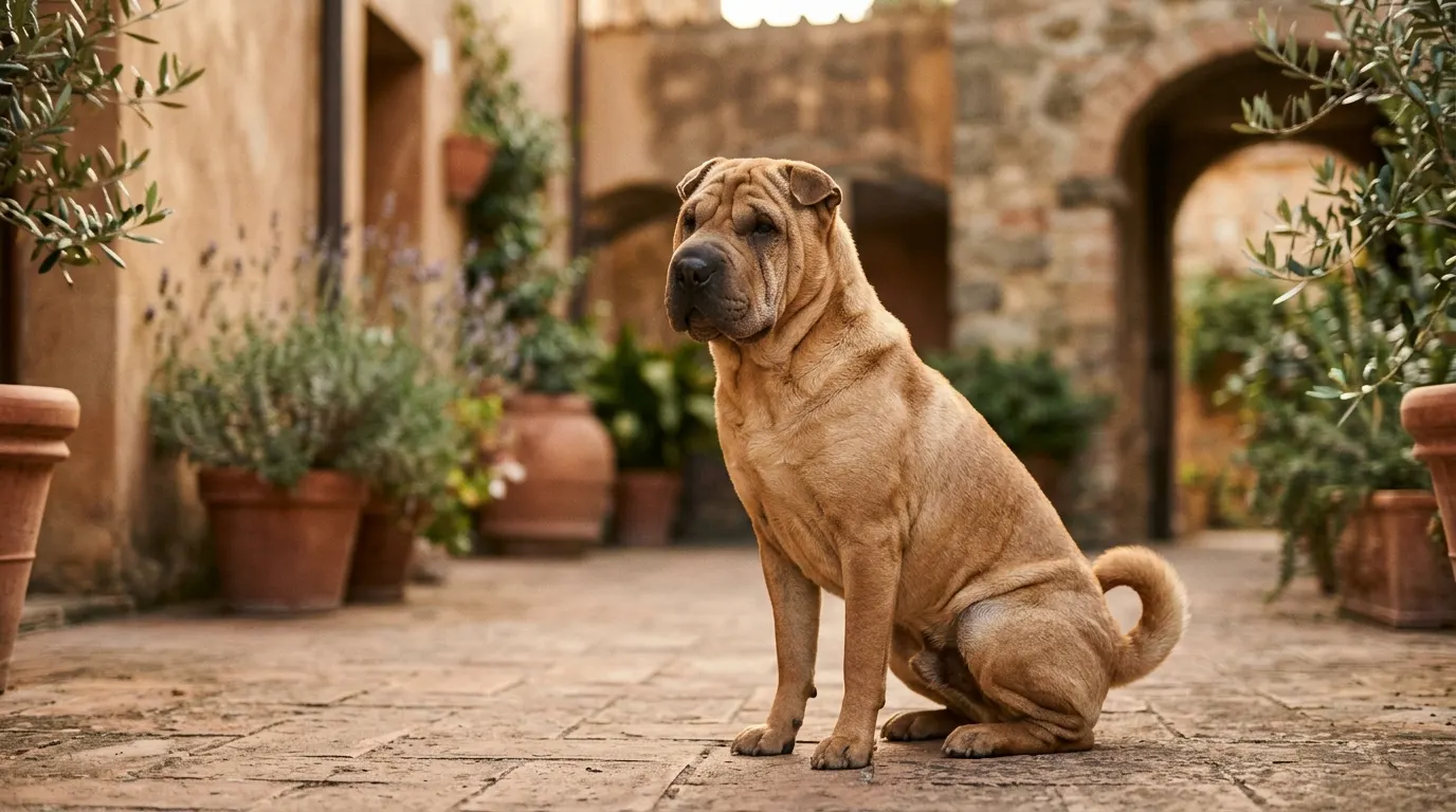 Shar Pei leonado con arrugas sentado en un patio de terracota
