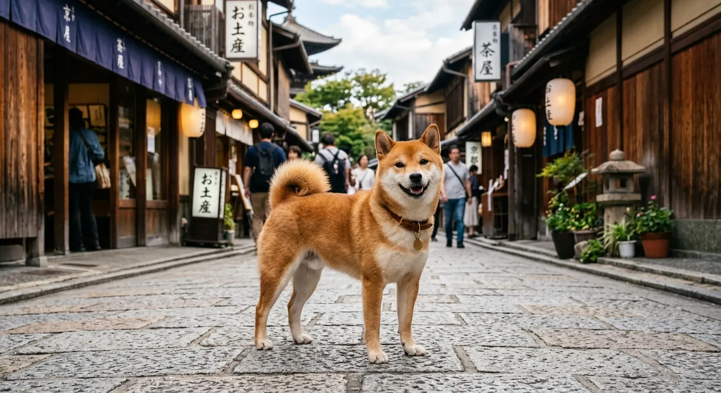 Shiba Inu rojo con urajiro en una calle tradicional japonesa