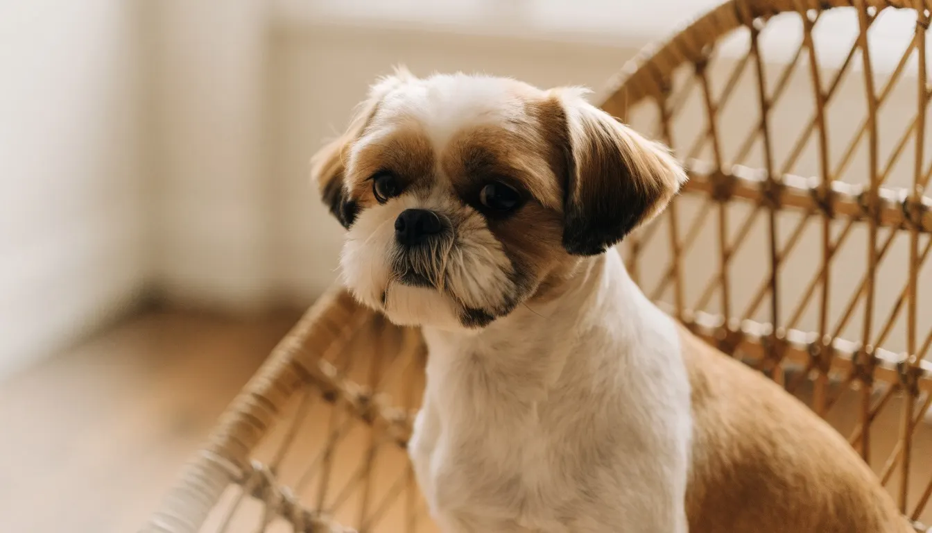 Shih Tzu dorado y blanco con corte cachorro sentado en una silla de mimbre