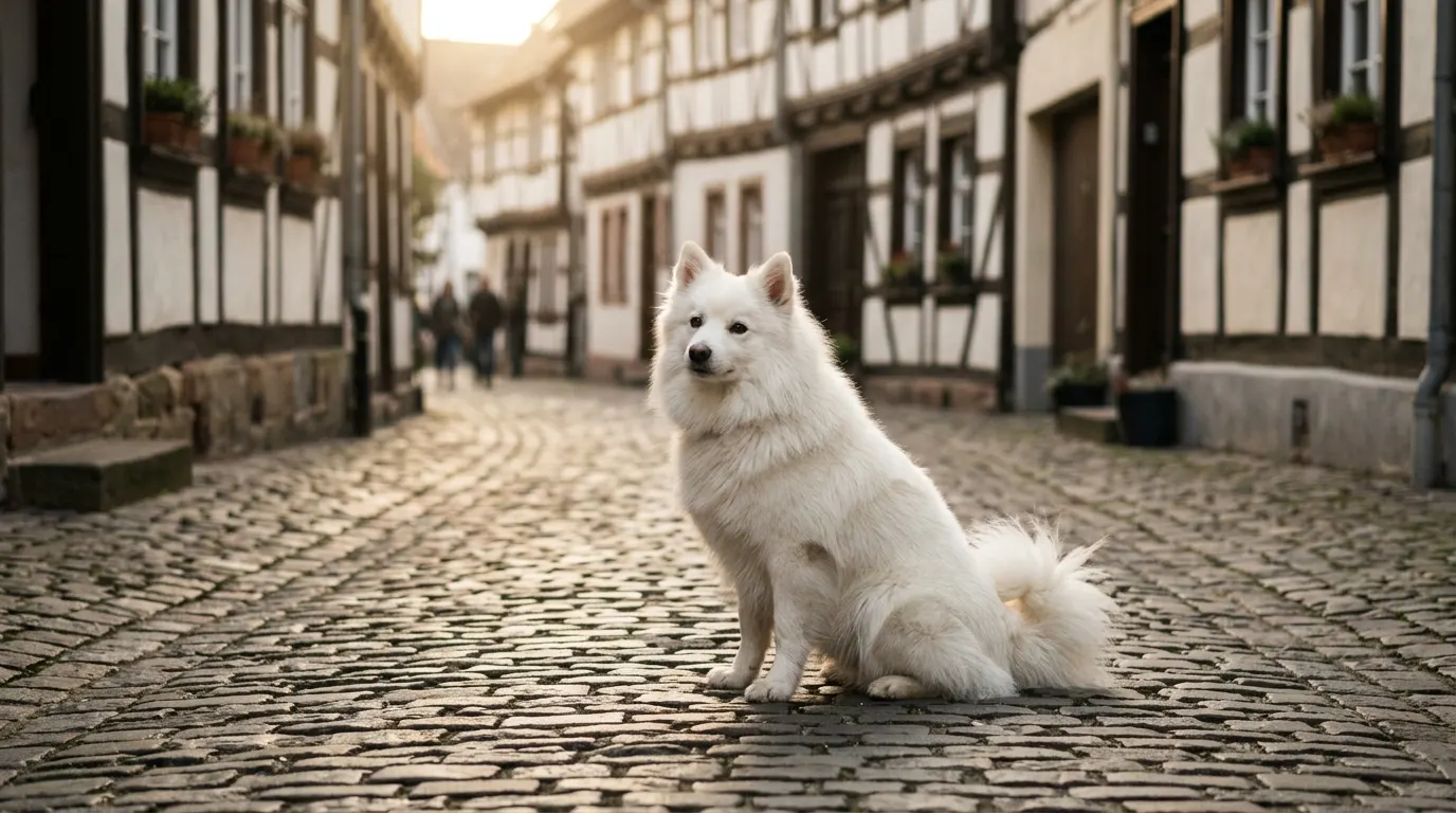 Spitz Alemán blanco sentado en una calle empedrada de un pueblo alemán