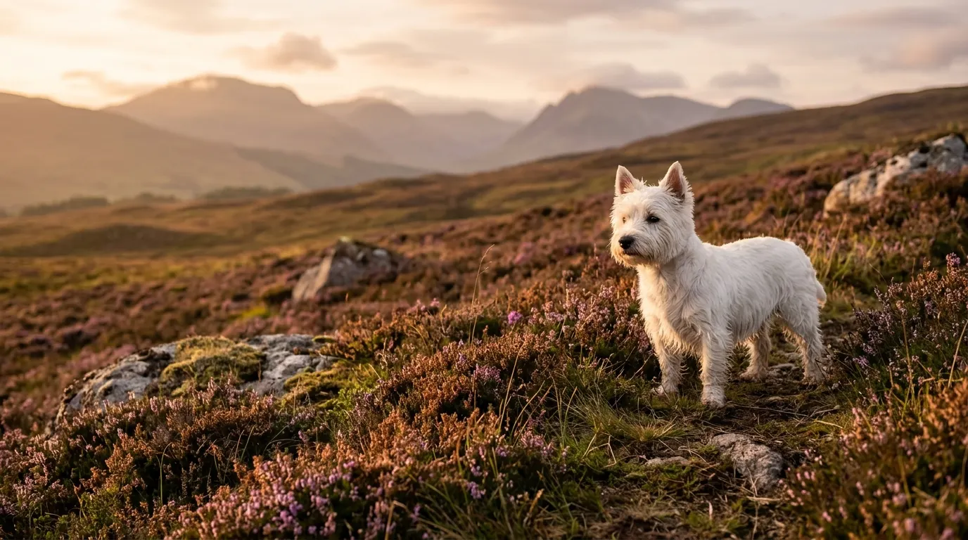 West Highland White Terrier blanco en un brezal de las Highlands escocesas