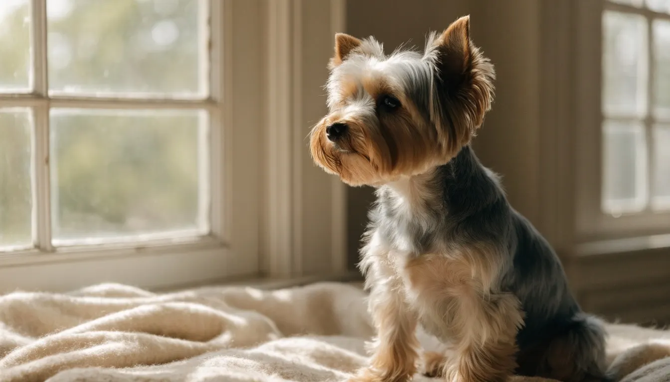 Yorkshire Terrier azul acero y fuego sentado sobre una manta junto a la ventana